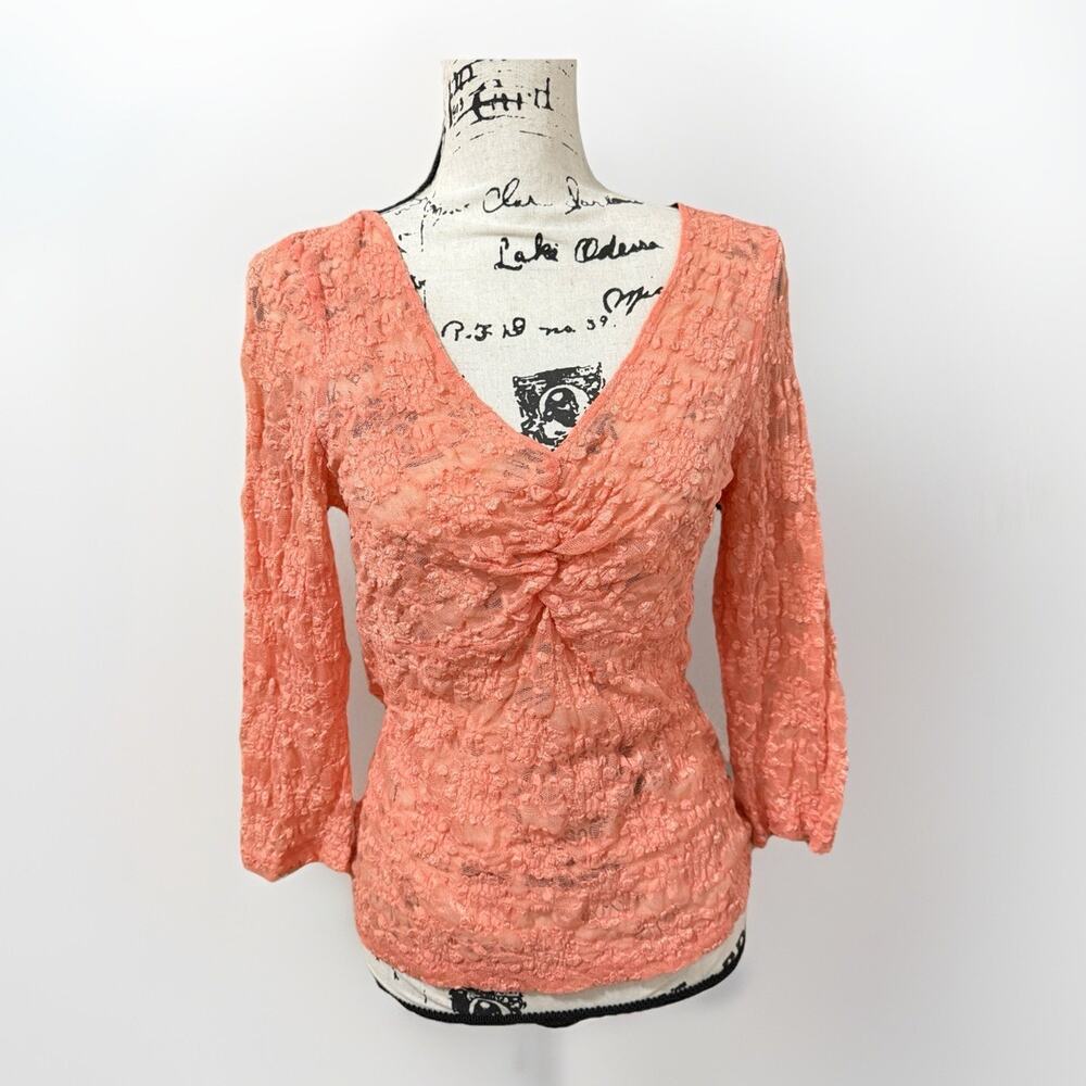 Y2K Karen Kane Lace Top M Orange Floral Sheer Twist Stretch Fairy